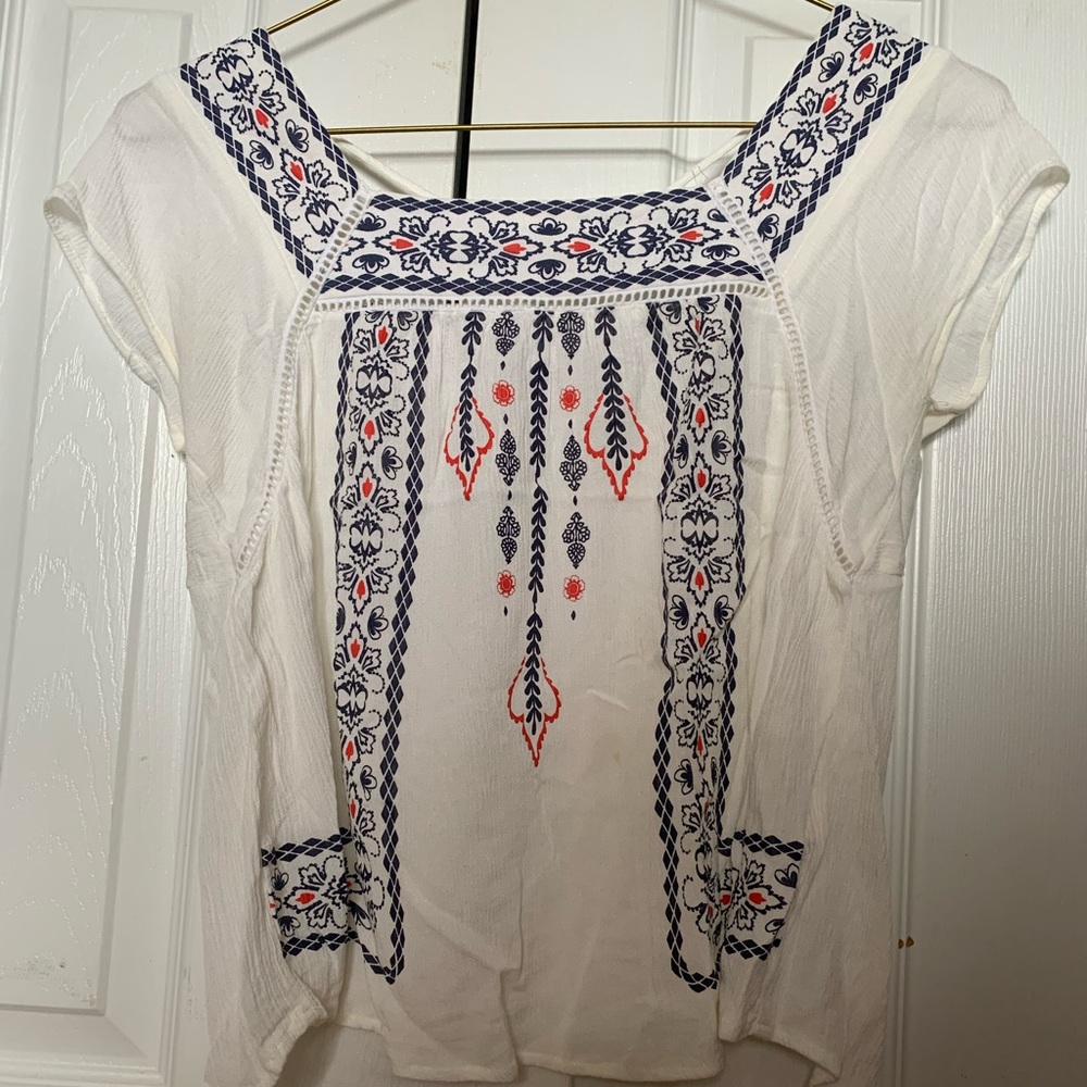 White, Blue, & Red Peasant Top
